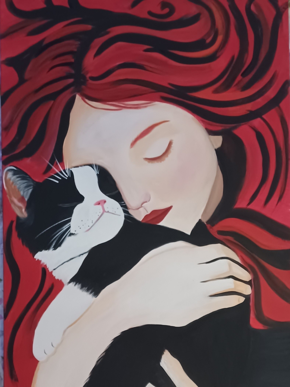 Original Acrylic Soft Embrace Cat Canvas Acrylic Painting- Red & Black